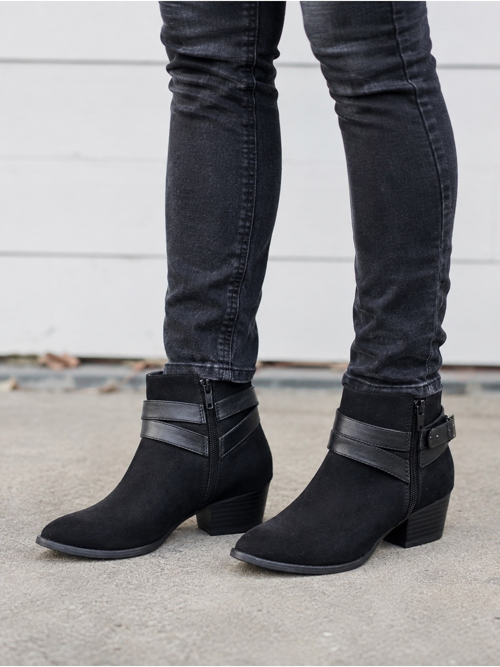 Lauren Conrad Black Ankle Booties Suede Buckle Strap Block Heel